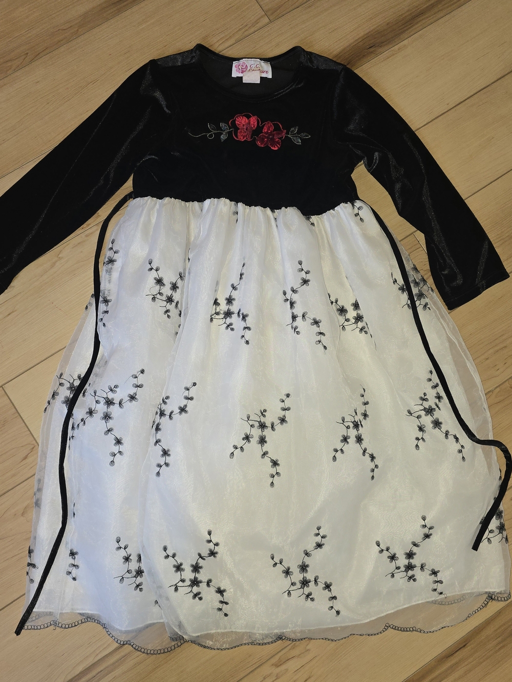 Girls Black Velvet & White Floral Party Dress